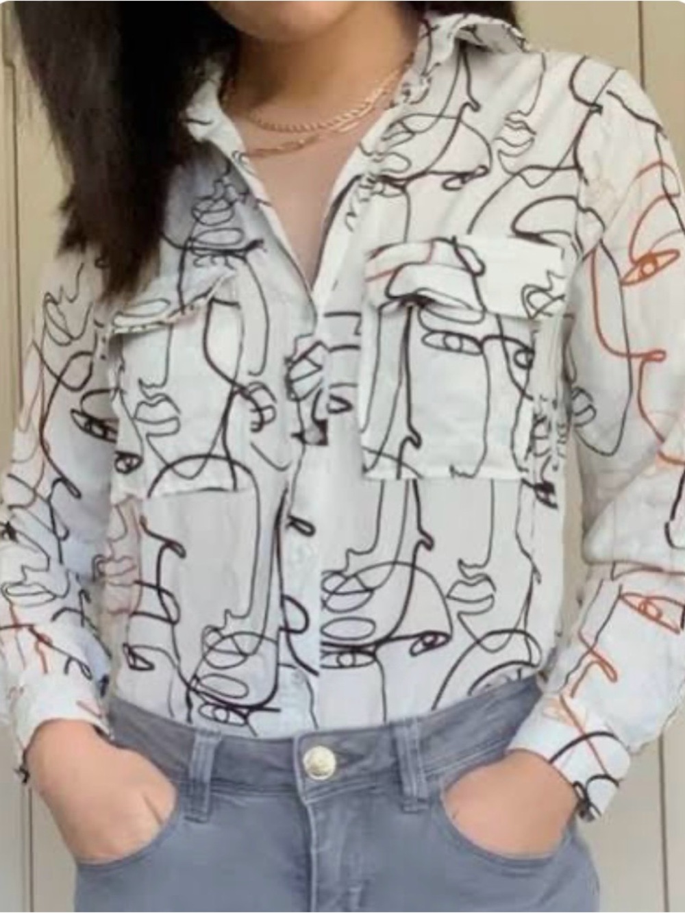 Milk & Honey White Abstract Line Art Faces Button Down Long-Sleeve Shirt